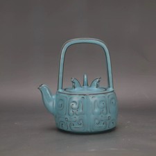 Teiera 5,7" China Song Ruyao smalto blu porcellana intagliata Hui Grain Ti Liang