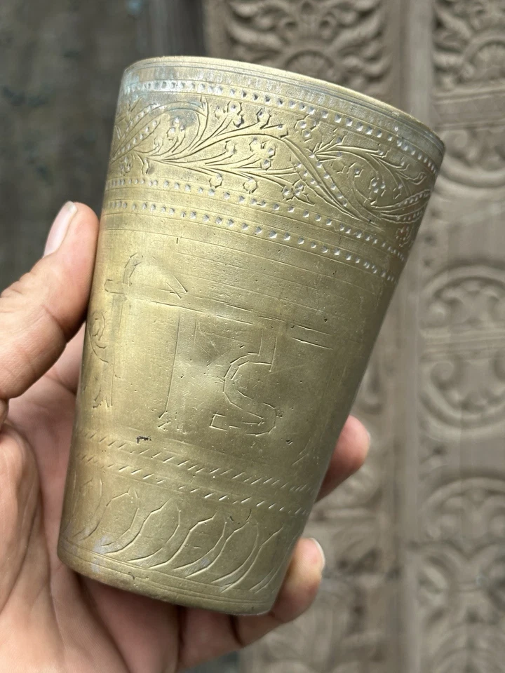 Antigua piedra antigua forjada a mano hermosa taza tradicional india vidrio 1890 Foto 3 de 4
