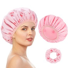 Large Double-Sided Shower Cap for Women, 2-in-1 Reusable Large, Pink