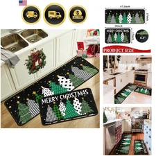 Christmas Rugs Kitchen Mat Set Black Plaid Xmas Trees Holiday Decor 2pcs