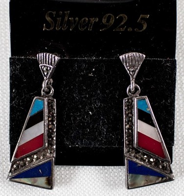 Native American Silver 92.5 Red Turquoise Black White Blue Southwestern Earrings