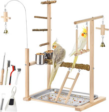 Natural Wood Parrot Playground Perch Stand with Feeder Cups, Tray, Ladder, Swing