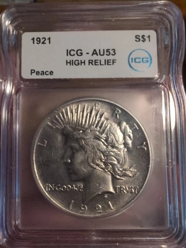 1921 Peace Silver Dollar High Relief Strike ICG AU-53 Newly Graded Superb Coin