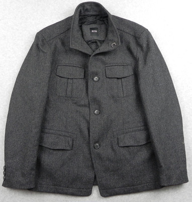 Hugo Boss Jacket Mens 42R 3-Button Military Utility Field Coat Gray Herringbone