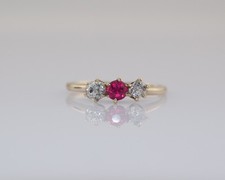 Victorian 14k Old Cut Diamond Ruby Three Stone Engagement Ring 