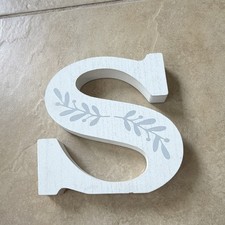 White Wooden Nursery Wall Letter S, Gray Floral Vine Design