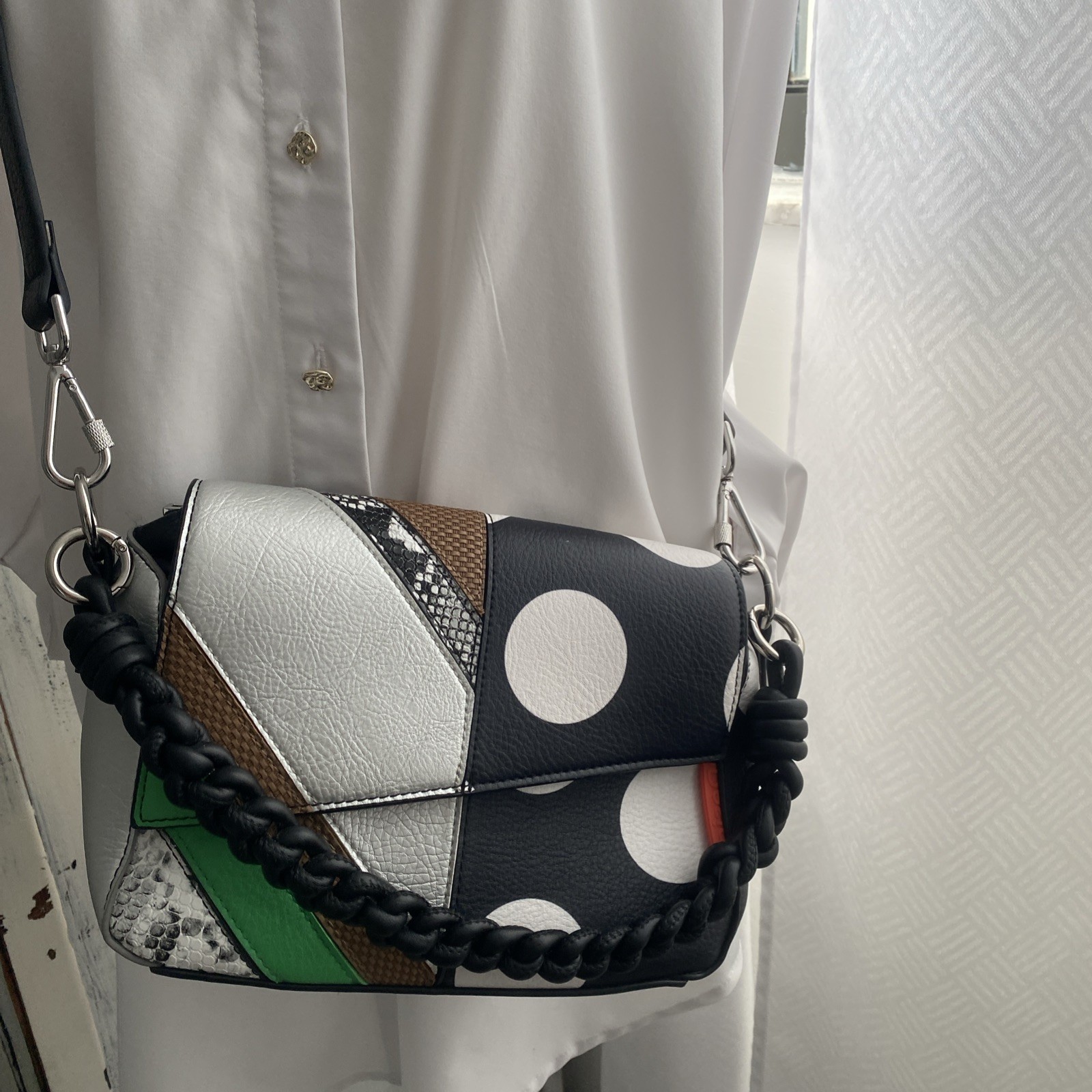 Desigual Patchwork Polka Dot Leather Shoulder Bag… - image 1