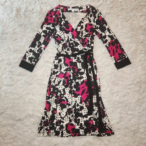 Diane von Furstenberg Julian Two Silk Wrap Dress Black Fuschia Womens Size 2 - Picture 5 of 10