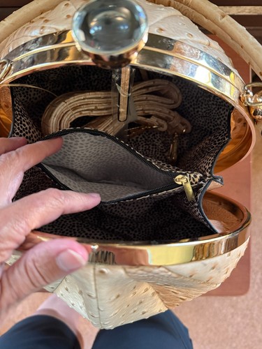 Ostrich Embossed Round Satchel w/Strap Two Compartments Faux-Jewel Latch Closure - Picture 9 of 12