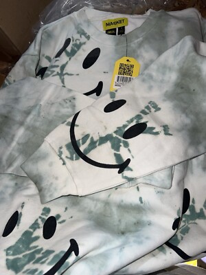 Market Smiley Sweatshirt Mens Small Shibori Dye Crewneck Smiley Face NWT