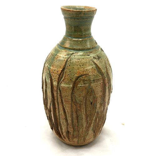 Vintage Signed Art Pottery Carved Vase Green and Tan Studio Art Pottery
