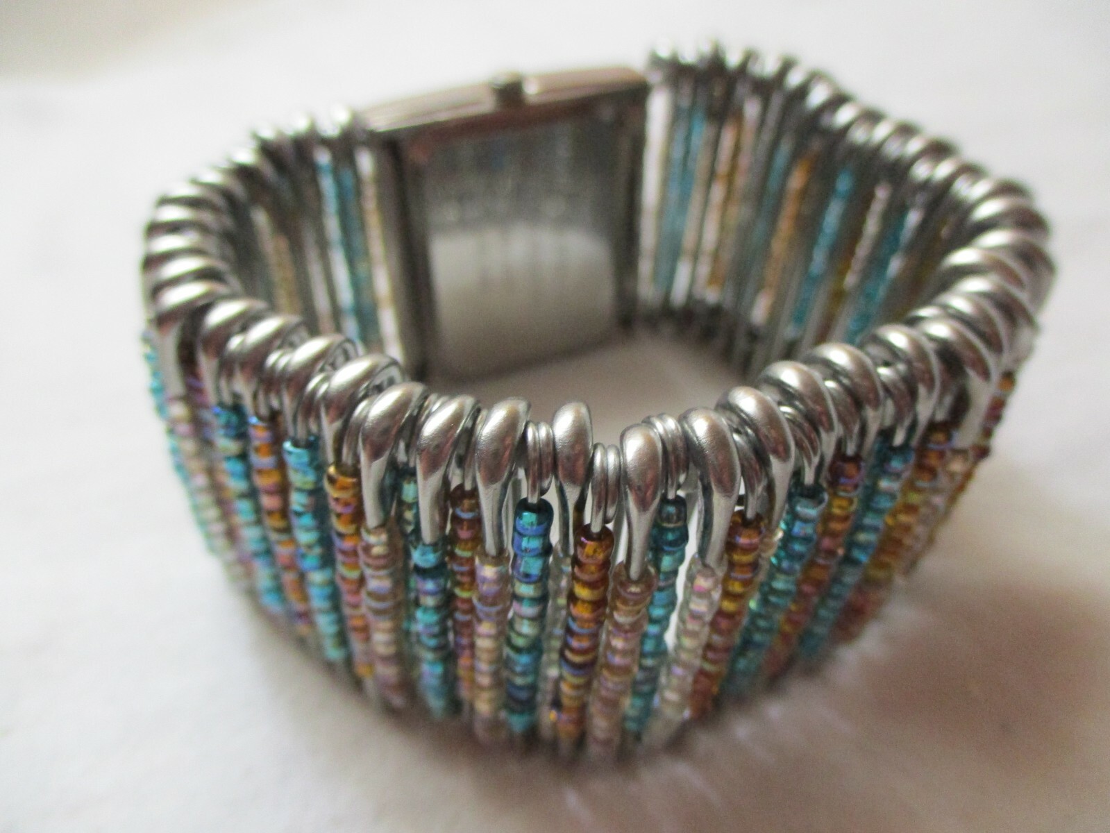 Wristwatch Silver Tone Rectangular White Face Col… - image 10