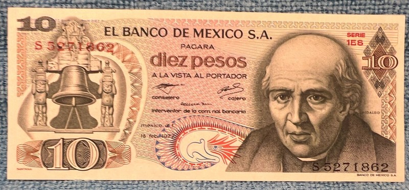 1977 Mexico 10 Pesos Miguel Hidalgo Mexican banknote billete SERIE  PREFIX 