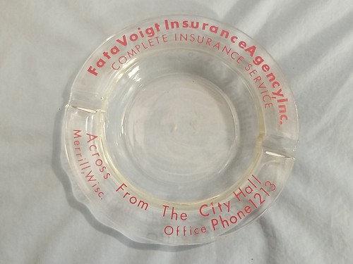 Vintage Glass Advertising Ashtray Fata Voigt Insurance Merrill Wisc Wi Wisconsin