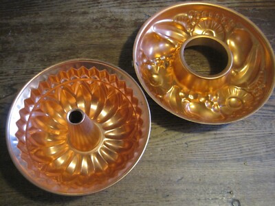VTG  ALUMINUM COPPER LOT OF 2-6 CUP BUNDT STYLE CAKE/JELLO MOLD&FRUIT RING MOLD