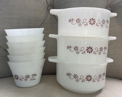 VTG Pyrex Brown Daisy Pyr-o-Rey Dynaware 3 Small Casserole Dish & 6 Custard Cups
