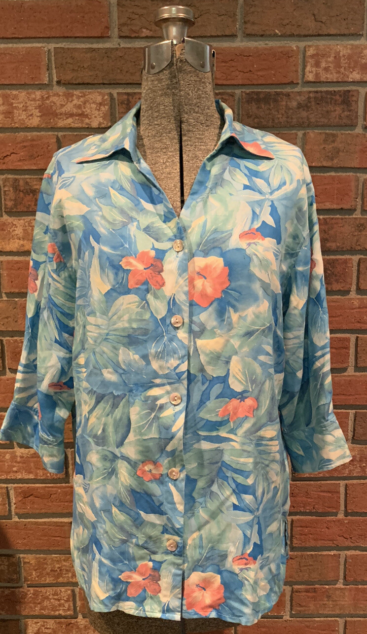 Pineapple Moon Hawaiian Shirt Blouse Womens Blue Pink… Gem
