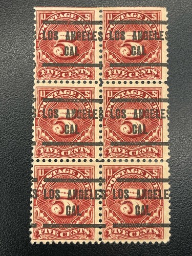 6-Stamp Block. US M/H Postage Due #J-64 Precanceled. Perf.11 "1917" 5c LA CAL.
