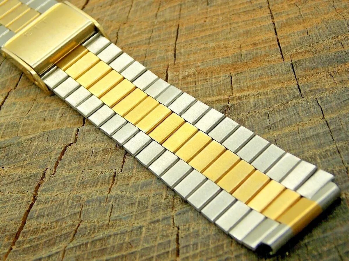 UIT Vintage NOS Unused 2 Tone Stainless Steel Sliding Clasp Watch Band 17.5mm
