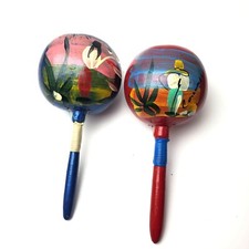 Lot of 2 Vtg Mexican Maracas Hand Painted Gourd Signed Corzumel Red Blue