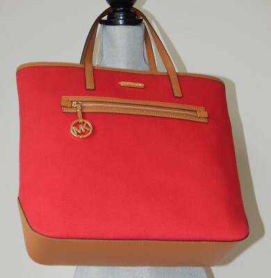 MICHAEL KORS KEMPTON CANVAS LEATHER DETAILS LARGE TOTE SHOULDER BAG RED NWT