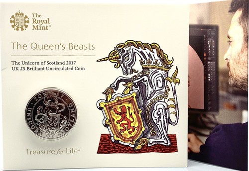 Queens Beasts The Unicorn of Scotland 2017 bu paquete de monedas de 5 libras £, sellado - Imagen 2 de 2