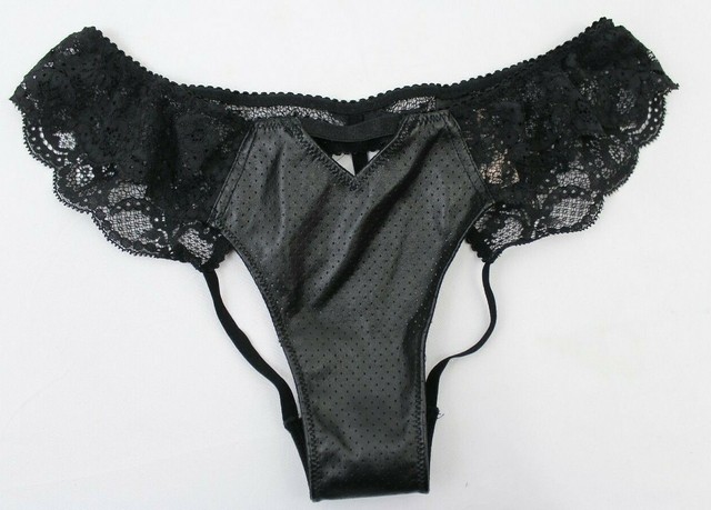 Medium Victoria S Secret Black Faux Leather String Thong Panties