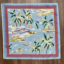Vintage 80s 90s Boating Tropical Vacation Artsy Blue Bandana USA Cotton Blend