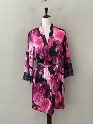 NWT! Linea Donatella Women's Sz L Erina Lace Trim Satin Floral Wrap Robe Pink