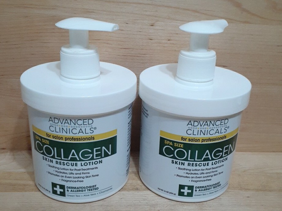 2 JUGS: Advanced Clinicals COLLAGEN SKIN RESCUE FACE & Body Cream green tea 16z 