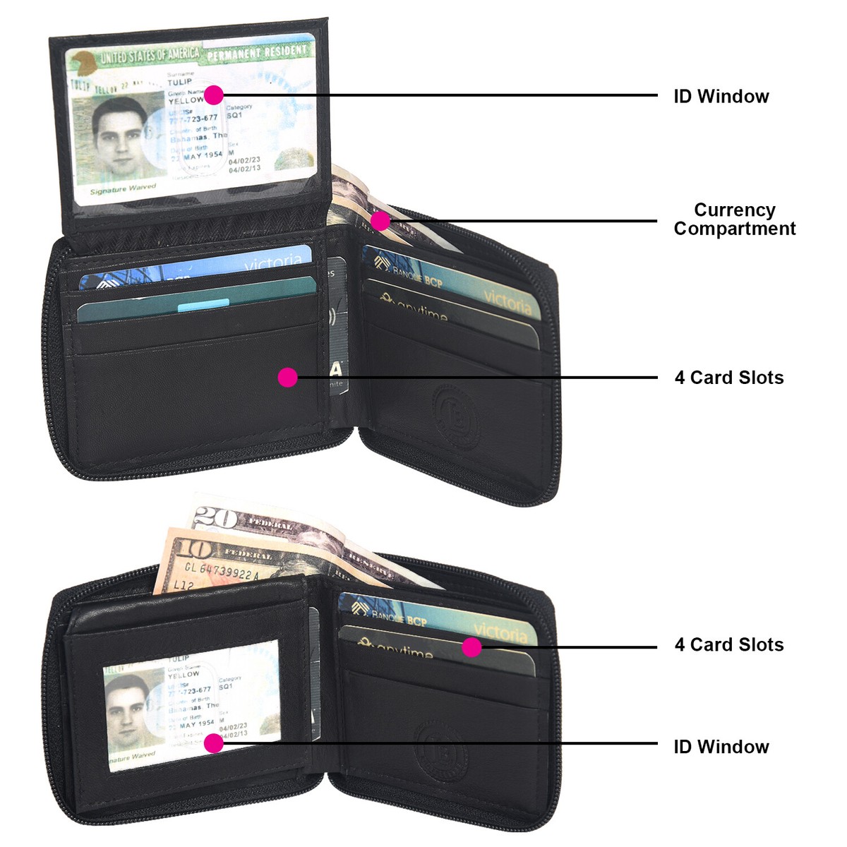 Leatherboss Men's Genuine Leather Zipper Organizer Wallet - Bifold Card Holder With Zip-Around