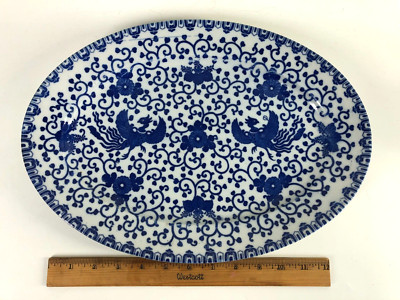 Vintage Japanese Phoenix Ware Blue White Oval Platter 14.5'' x 10'' jj