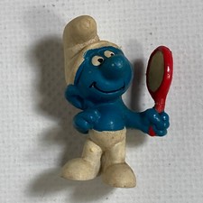 VTG Vanity Smurf Red Mirror Rare Figurine PVC PEYO Original 1970s Hong Kong Toy