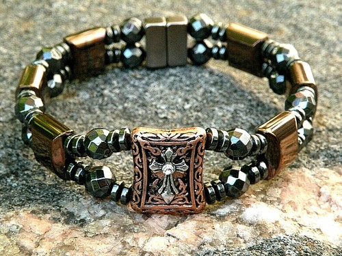 Copper n Black Magnetic Hematite Bracelet Anklet 2 Row Cross Slider - Picture 5 of 5