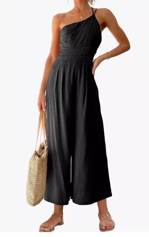 Anrabess One Shoulder Wide Leg Pleat High Waist Pockets Jumpsuit  Black L 12-14