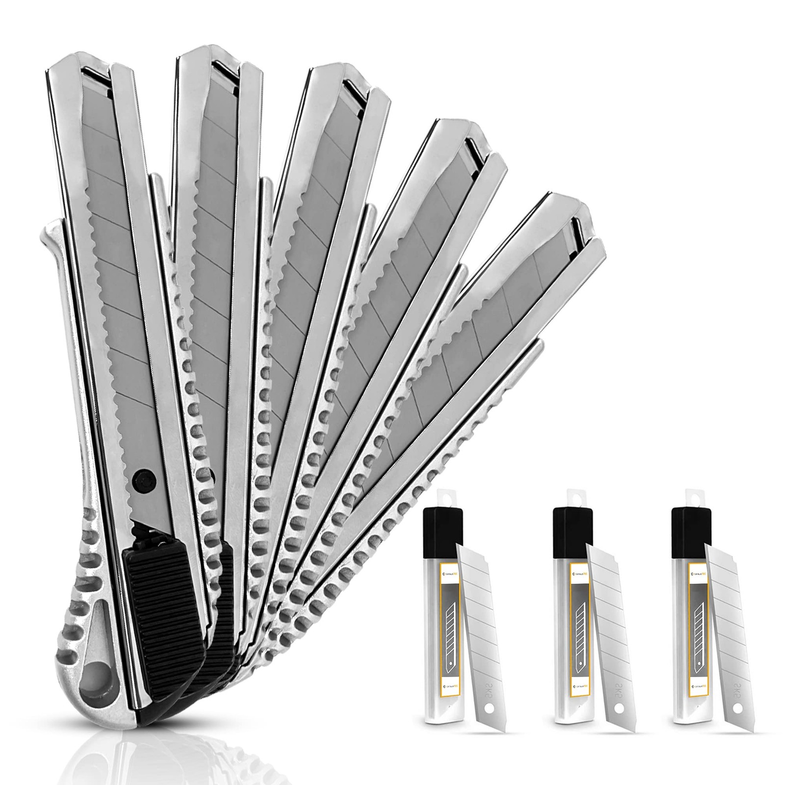 Couteau de coupe professionnel 18mm en aluminium, pack de 5 cutters pour tapis