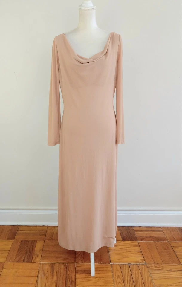 размер 14 ALBERTA FERRETTI голая плоть трикотажа сетки капот шеи длинное вечернее платье Италия - Изображение 2 из 4