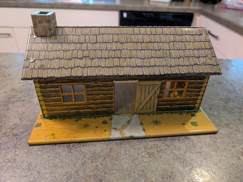 Vintage 1960s MARX Tin Litho Building Playset Log Cabin AS IS