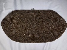 Vintage Bronze Beaded Silk Lined Evening Purse Clutch Kiss Lock