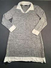 Tacera Shirt Dress Small Cuffed Full Sleeve Gray 36” Faux Pearl Collar X