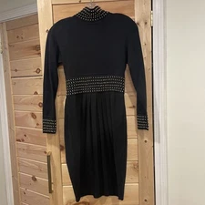 Vintage Ann Tjian for KENAR Elegant Black Long-Sleeve Studded Dress