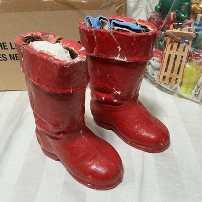 2 Vintage Antique Santa Boot Paper Mache Christmas Red 6 