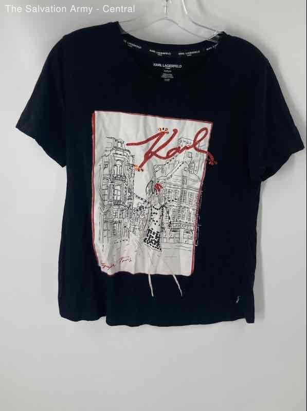 Karl Lagerfeld Womens Black Crew Neck Short Sleeve Pullover T-Shirt Size Medium