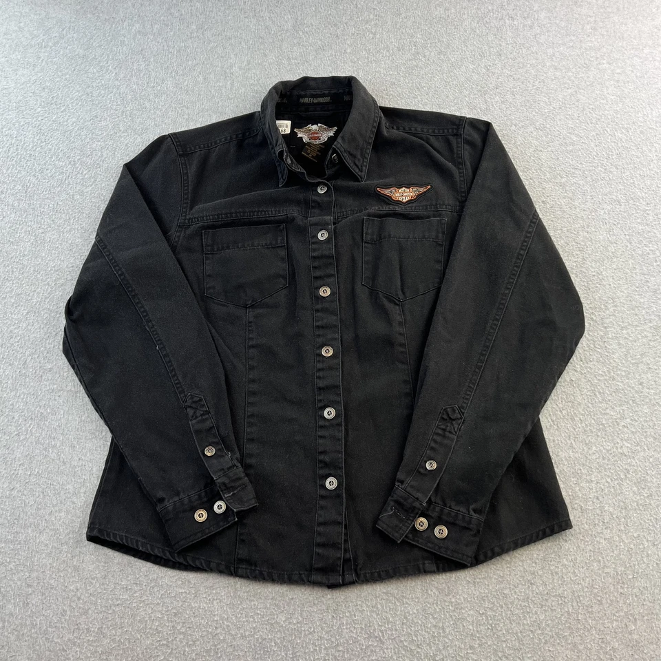 Harley-Davidson Shirt Womens Medium Denim Button Up Eagle Embroidered Biker - Image 4 of 4