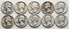 Lot of (10) 90% Silver Washington Quarters (1939-1942)