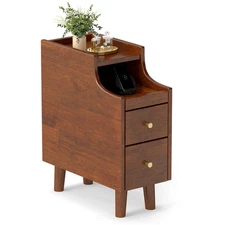 Solid Wood End Table with Pull-out Tray & 2 Storage Drawers Cable Management