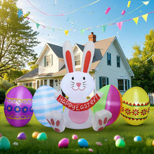 Easter Inflatables Outdoor Decorations, 7 FT Long Easter Bunny with Eggs, Happy