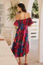 Farm Rio Off Shoulder Dress Coverup Anthropologie Tropical Leaf Tiered Siz M NEW