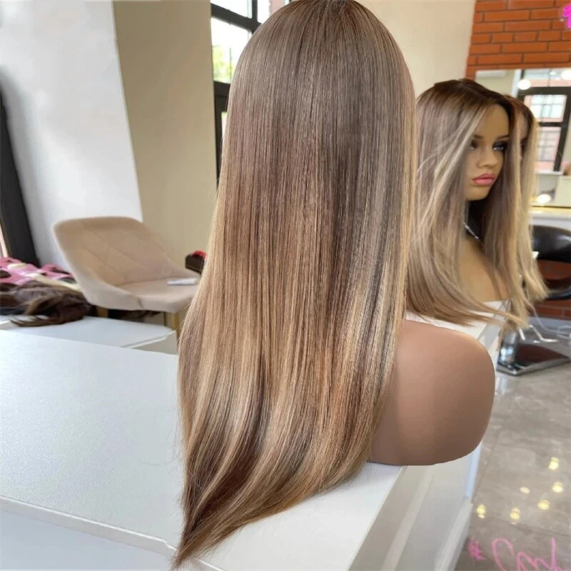 100% Human Hair Wig 13x4 Lace Front Wigs Dark Blonde Caramel Brown Highlights - Image 4 of 4