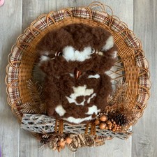 Vintage 70's Macrame Owl Wall Hanging Wood Brown Fuzzy Ceramic Eyes Beak VGC